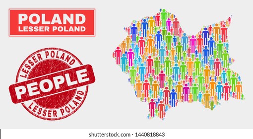 Demographic Lesser Poland Voivodeship map abstraction. People color mosaic Lesser Poland Voivodeship map of humans, and red rounded grunge seal. Vector collage for population group presentation.