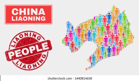 Demographic Liaoning Province map abstraction. People bright mosaic Liaoning Province map of humans, and red rounded scratched stamp seal. Vector composition for national mass report.