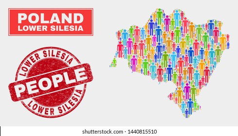 Demographic Lower Silesian Voivodeship map illustration. People bright mosaic Lower Silesian Voivodeship map of guys, and red round unclean stamp. Vector combination for national group representation.