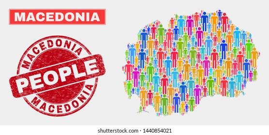 Demographic Macedonia map illustration. People bright mosaic Macedonia map of humans, and red rounded textured stamp. Vector combination for national public report.