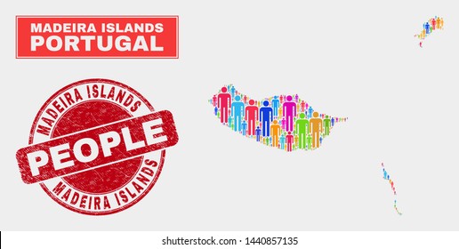 Demographic Madeira Islands map illustration. People colorful mosaic Madeira Islands map of humans, and red round unclean watermark. Vector combination for population audience report.