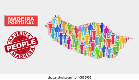 Demographic Madeira map abstraction. People colorful mosaic Madeira map of guys, and red round corroded seal. Vector combination for nation mass presentation.