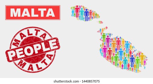 Demographic Malta map abstraction. People colorful mosaic Malta map of guys, and red rounded scratched watermark. Vector composition for nation public presentation.