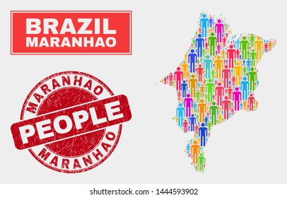Demographic Maranhao State map illustration. People bright mosaic Maranhao State map of humans, and red round unclean watermark. Vector composition for nation community representation.