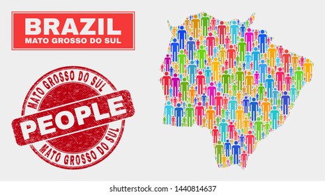 Demographic Mato Grosso do Sul State map abstraction. People colorful mosaic Mato Grosso do Sul State map of guys, and red round scratched stamp. Vector composition for population community plan.