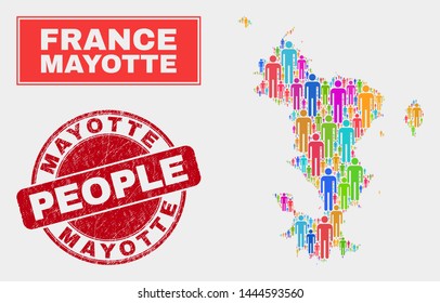 Demographic Mayotte Islands map illustration. People colorful mosaic Mayotte Islands map of humans, and red rounded corroded watermark. Vector collage for national group presentation.