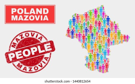 Demographic Mazovia Province map abstraction. People bright mosaic Mazovia Province map of men, and red round rubber seal. Vector collage for nation mass report.
