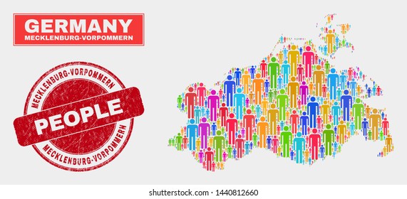 Demographic Mecklenburg-Vorpommern Land map illustration. People bright mosaic Mecklenburg-Vorpommern Land map of guys, and red rounded grunge stamp seal.