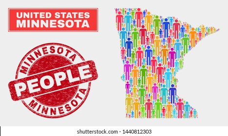Demographic Minnesota State map abstraction. People colorful mosaic Minnesota State map of persons, and red rounded unclean stamp seal. Vector collage for national community presentation.