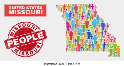 Demographic Missouri State map abstraction. People colorful mosaic Missouri State map of persons, and red rounded textured seal. Vector composition for nation public report.