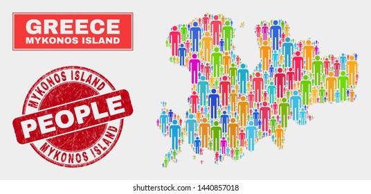 Demographic Mykonos Island map abstraction. People colorful mosaic Mykonos Island map of persons, and red rounded scratched stamp seal. Vector composition for nation group representation.