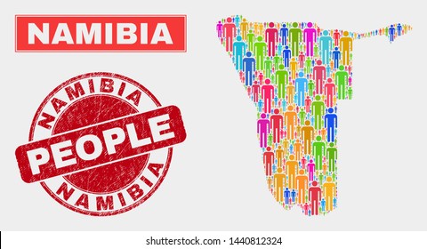 Demographic Namibia map abstraction. People color mosaic Namibia map of guys, and red round dirty seal. Vector composition for national audience plan.