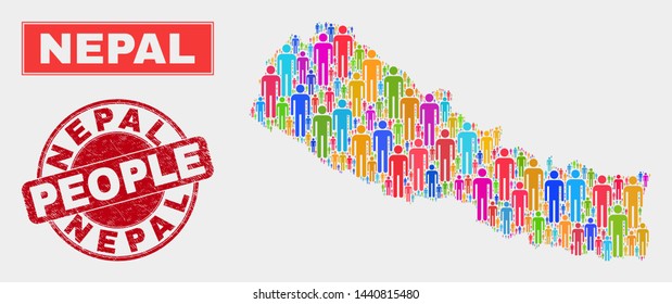 Demographic Nepal map abstraction. People color mosaic Nepal map of humans, and red round corroded watermark. Vector combination for nation audience representation.