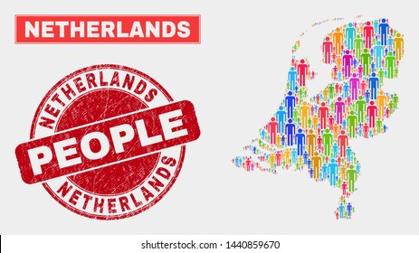 Demographic Netherlands map illustration. People colorful mosaic Netherlands map of crowd, and red round textured stamp. Vector composition for national audience plan.