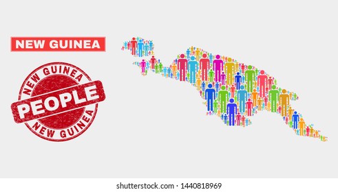 Demographic New Guinea map abstraction. People color mosaic New Guinea map of men, and red round unclean watermark. Vector collage for population public presentation.