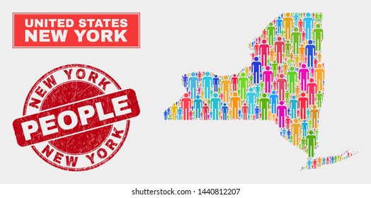 Demographic New York State map abstraction. People bright mosaic New York State map of men, and red round rubber stamp seal. Vector combination for national group presentation.