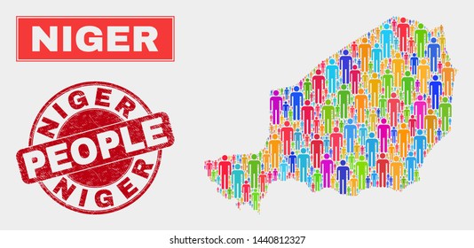 Demographic Niger map illustration. People bright mosaic Niger map of humans, and red rounded rubber seal. Vector collage for nation public presentation.