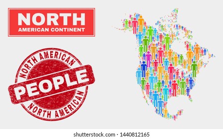 Demographic North America v2 map abstraction. People bright mosaic North America v2 map of humans, and red rounded textured stamp seal. Vector composition for population mass plan.