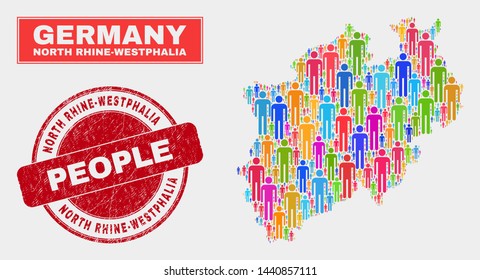 Demographic North Rhine-Westphalia Land map abstraction. People color mosaic North Rhine-Westphalia Land map of persons, and red rounded corroded stamp.