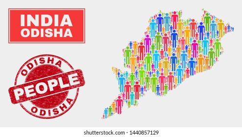 Demographic Odisha State map abstraction. People bright mosaic Odisha State map of guys, and red round corroded stamp seal. Vector collage for population audience presentation.