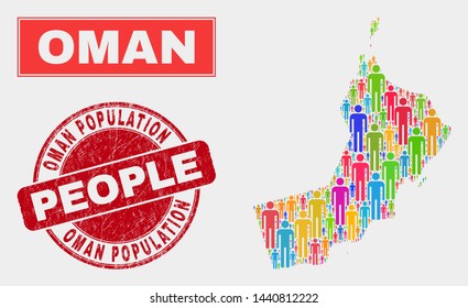 Demographic Oman map abstraction. People bright mosaic Oman map of guys, and red rounded scratched stamp seal. Vector combination for population community representation.