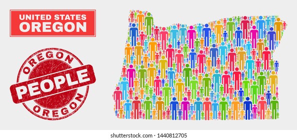 Demographic Oregon State map illustration. People bright mosaic Oregon State map of persons, and red rounded textured seal. Vector composition for national community plan.