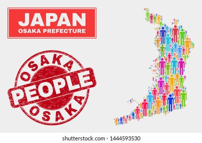 Demographic Osaka Prefecture map abstraction. People color mosaic Osaka Prefecture map of crowd, and red round rubber stamp. Vector collage for nation audience representation.
