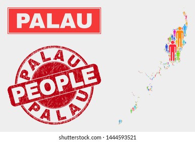 Demographic Palau map abstraction. People bright mosaic Palau map of men, and red rounded grunge seal. Vector composition for population public report.