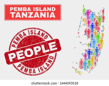 Demographic Pemba island map illustration. People bright mosaic Pemba island map of guys, and red rounded dirty stamp. Vector composition for national mass representation.