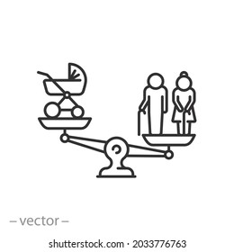 Demographic Problem Icon, Decline Birthrate, Growth Pension People Or Old, Thin Line Symbol On White Background - Editable Stroke Vector Eps10