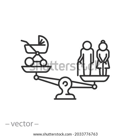 demographic problem icon, decline birthrate, growth pension people or old, thin line symbol on white background - editable stroke vector eps10