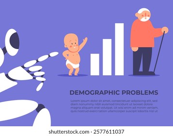 Demographic problems with Ai. Increase in the number of old population, aging of the nation, reduced number of newborns, decrease in fertility, mortality outweighs fertility. Flat vector illustration.