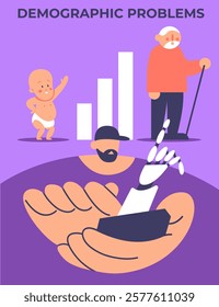 Demographic problems in app. Increase in the number of old population, aging of the nation, reduced number of newborns, decrease in fertility, mortality outweighs fertility. Flat vector illustration.