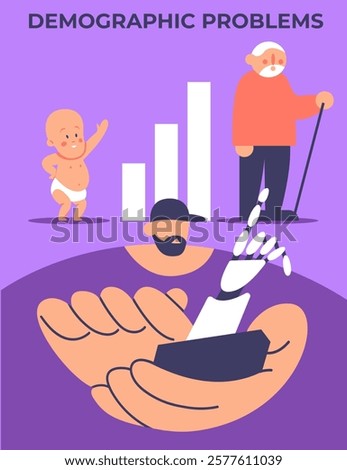 Demographic problems in app. Increase in the number of old population, aging of the nation, reduced number of newborns, decrease in fertility, mortality outweighs fertility. Flat vector illustration.