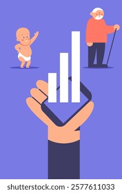 Demographic problems graphic. Increase in the number of old population, aging of the nation, reduced number of newborns, decrease in fertility, mortality outweighs fertility. Flat vector illustration.