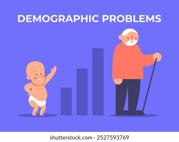 Problemas demográficos. Aumento do número de idosos, envelhecimento da nação, número reduzido de recém-nascidos, a mortalidade supera a fertilidade. Ilustração de vetor plano.