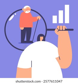 Demographic problems Search. Increase in the number of old population, aging of the nation, reduced number of newborns, decrease in fertility, mortality outweighs fertility. Flat vector illustration.