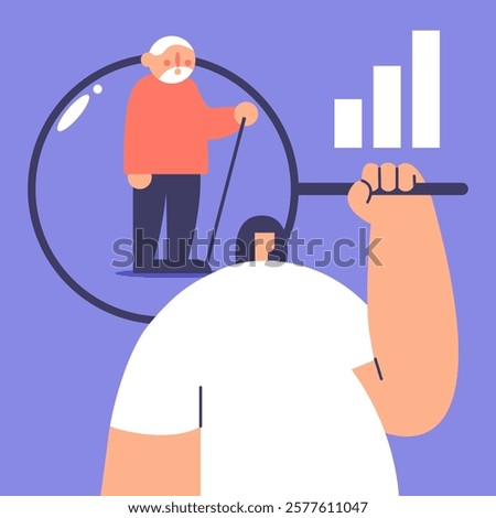 Demographic problems Search. Increase in the number of old population, aging of the nation, reduced number of newborns, decrease in fertility, mortality outweighs fertility. Flat vector illustration.