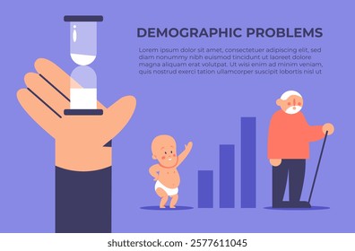 Demographic problems in Time. Increase in the number of old population, aging of the nation, reduced number of newborns, decrease in fertility, mortality outweighs fertility. Flat vector illustration.