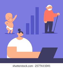 Demographic problems in web. Increase in the number of old population, aging of the nation, reduced number of newborns, decrease in fertility, mortality outweighs fertility. Flat vector illustration.