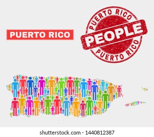 Demographic Puerto Rico map illustration. People bright mosaic Puerto Rico map of crowd, and red round corroded stamp. Vector combination for population public report.