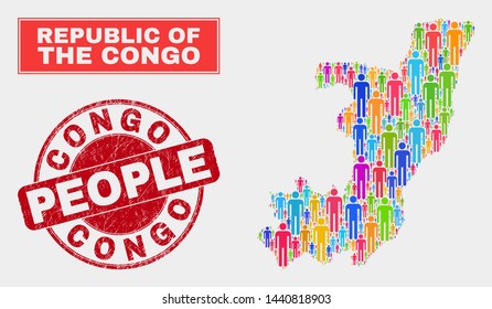 Demographic Republic of the Congo map illustration. People bright mosaic Republic of the Congo map of guys, and red round unclean stamp. Vector composition for nation audience plan.