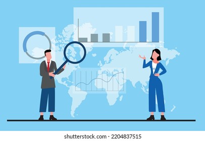 Demographic Research Concept, Tiny People Are Studying And Analyzing Demographic Data And Graphs.