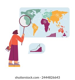 Demographic research vector illustration depicting a figure with a magnifying glass examining global population statistics on a world map.