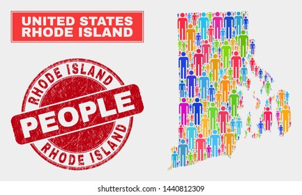 Demographic Rhode Island State map abstraction. People bright mosaic Rhode Island State map of guys, and red round unclean stamp. Vector combination for national group plan.
