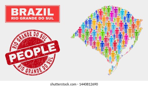 Demographic Rio Grande do Sul State map abstraction. People color mosaic Rio Grande do Sul State map of persons, and red rounded dirty stamp. Vector collage for population audience representation.