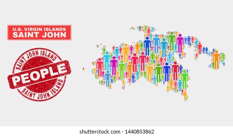 Demographic Saint John Island map abstraction. People bright mosaic Saint John Island map of men, and red rounded corroded stamp seal. Vector collage for population public presentation.