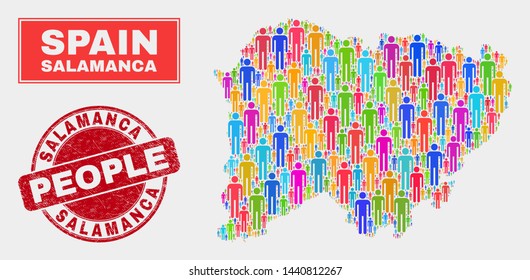 Demographic Salamanca Province map abstraction. People bright mosaic Salamanca Province map of men, and red round unclean stamp. Vector combination for national community presentation.