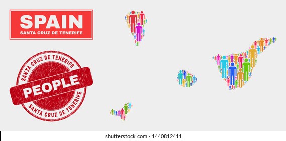 Demographic Santa Cruz de Tenerife Province map illustration. People color mosaic Santa Cruz de Tenerife Province map of crowd, and red rounded scratched stamp seal.