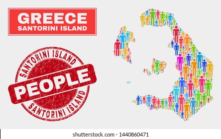 Demographic Santorini Island map illustration. People colorful mosaic Santorini Island map of guys, and red round scratched stamp seal. Vector combination for population mass representation.